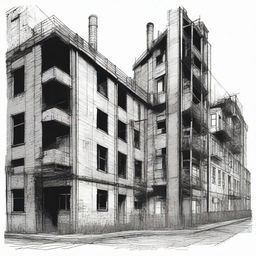 A subtractive free hand drawing in a totally pen style of an old factory situated in a brownfield site, gradually transforming into collective housing