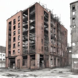 A subtractive free hand drawing in a totally pen style of an old factory situated in a brownfield site, gradually transforming into collective housing