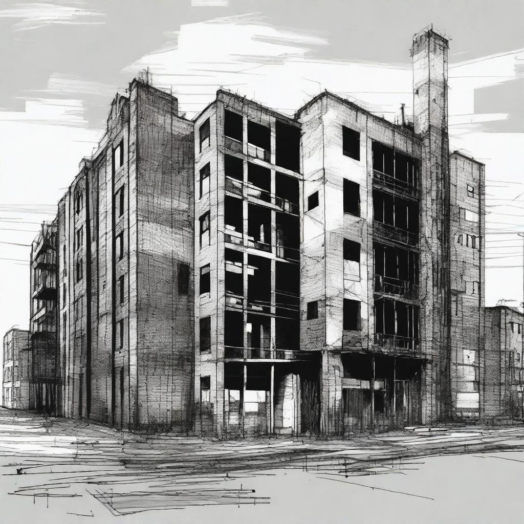 A subtractive free hand drawing in a totally pen style of an old factory situated in a brownfield site, gradually transforming into collective housing