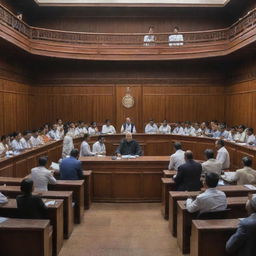 A dynamic courtroom scene in a district court in India, bustling with lawyers, the judge presiding from a wooden bench, litigants seeking justice and beautiful architectural details reflecting Indian culture.