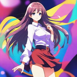 A beautiful anime girl with long flowing hair, big expressive eyes, and a stylish outfit