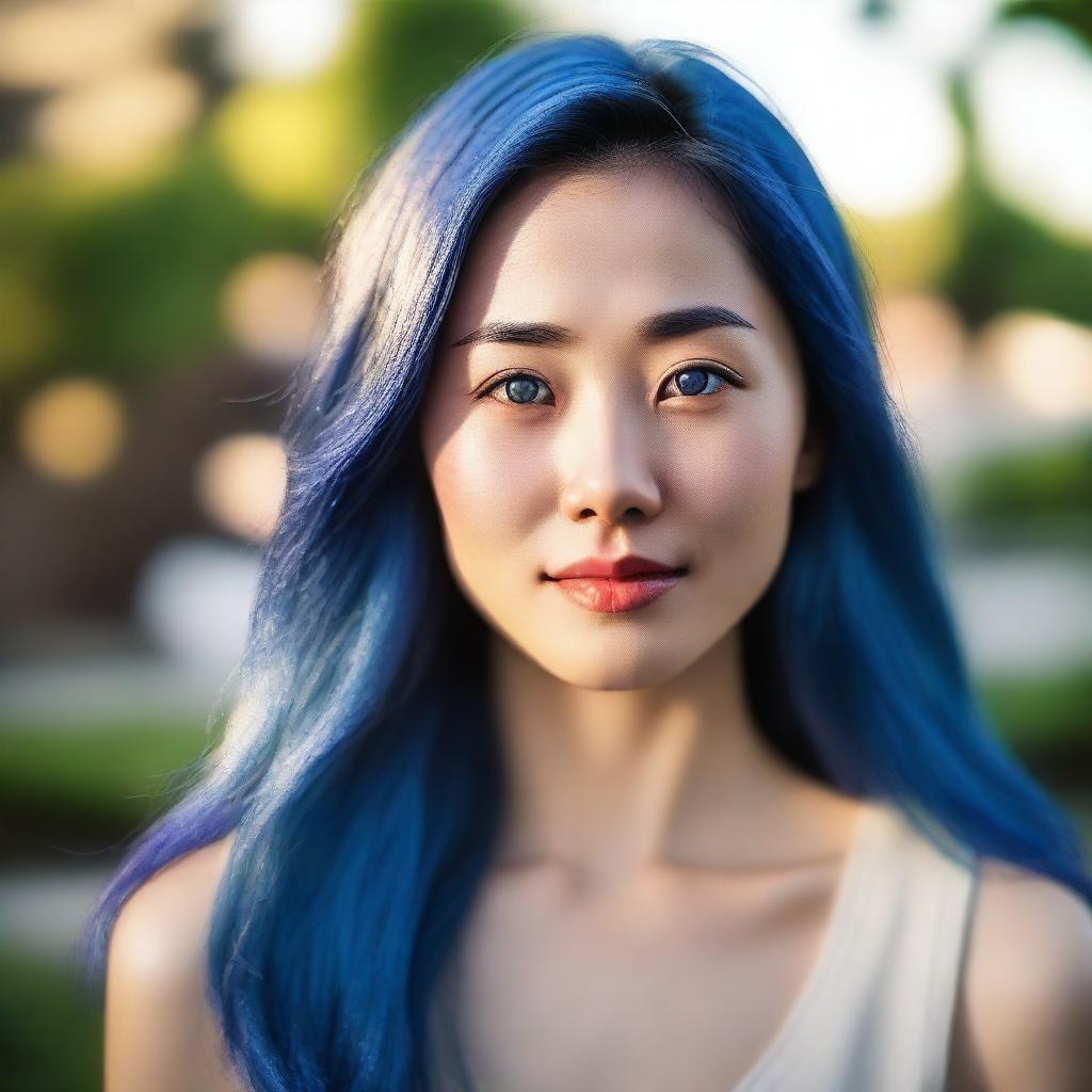 A photorealistic portrait of a 28-year-old Japanese woman with long, luxurious blue hair and captivating blue eyes