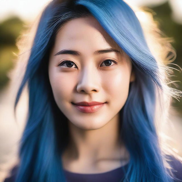 A photorealistic portrait of a 28-year-old Japanese woman with long, luxurious blue hair and captivating blue eyes