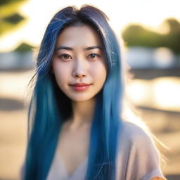 A photorealistic portrait of a 28-year-old Japanese woman with long, luxurious blue hair and captivating blue eyes