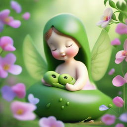 A whimsical and heartwarming scene featuring a female character resembling a sweet pea pod