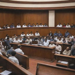 A dynamic courtroom scene in a district court in India, bustling with lawyers, the judge presiding from a wooden bench, litigants seeking justice and beautiful architectural details reflecting Indian culture.