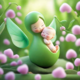 A whimsical and heartwarming scene featuring a female character resembling a sweet pea pod