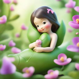 A whimsical and heartwarming scene featuring a female character resembling a sweet pea pod