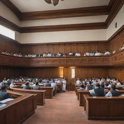 A dynamic courtroom scene in a district court in India, bustling with lawyers, the judge presiding from a wooden bench, litigants seeking justice and beautiful architectural details reflecting Indian culture.