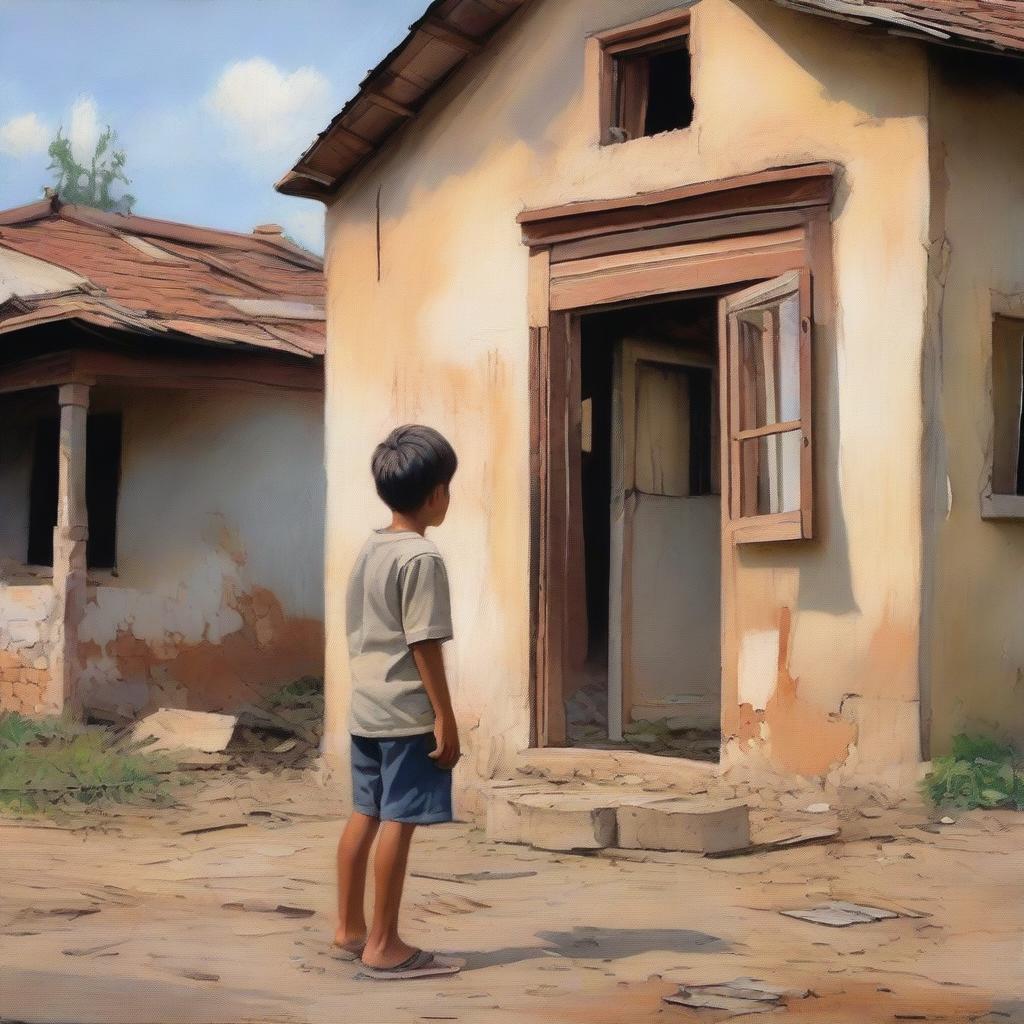 A young boy standing in front of an old, nostalgic house