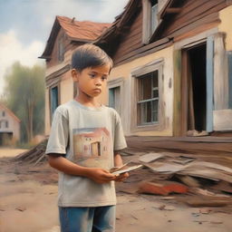 A young boy standing in front of an old, nostalgic house