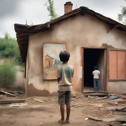 A young boy standing in front of an old, nostalgic house