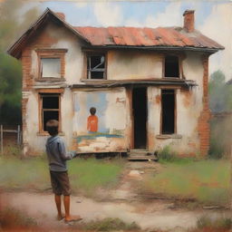 A young boy standing in front of an old, nostalgic house