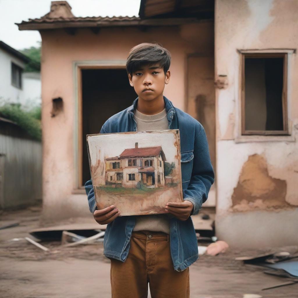 A young man standing in front of an old, nostalgic house