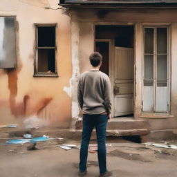 A young man standing in front of an old, nostalgic house