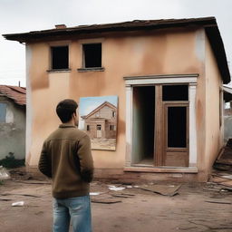 A young man standing in front of an old, nostalgic house