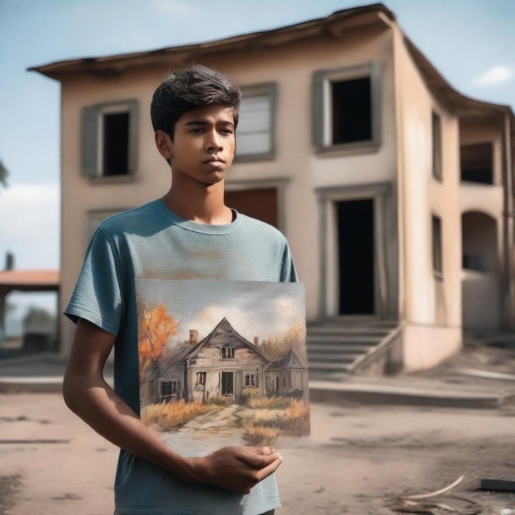 A young man standing in front of an old, nostalgic house