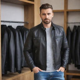 A man sporting a stylish biker leather jacket, fitting perfectly in a 950x500 frame