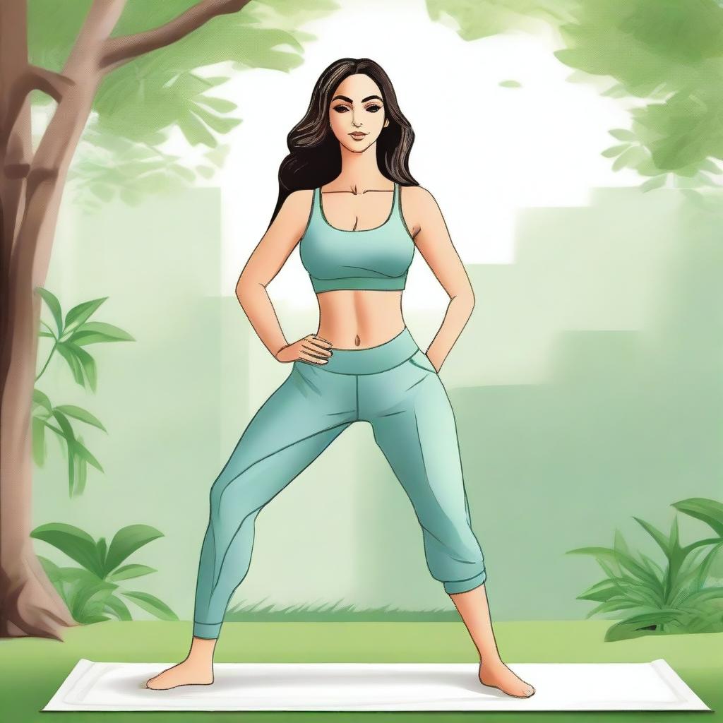 A detailed illustration of Kiara Advani wearing yoga pants, practicing yoga in a serene outdoor setting