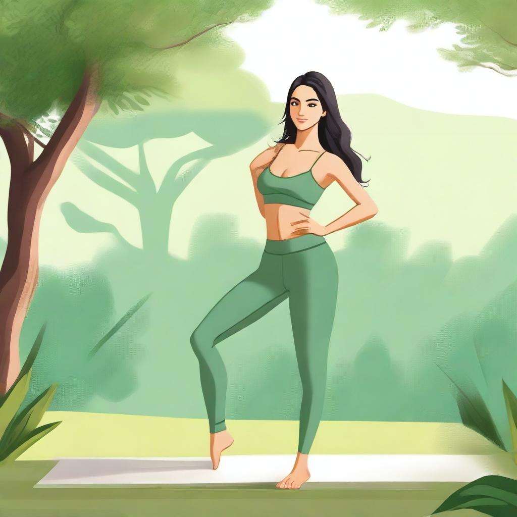 A detailed illustration of Kiara Advani wearing yoga pants, practicing yoga in a serene outdoor setting