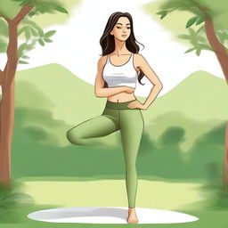 A detailed illustration of Kiara Advani wearing yoga pants, practicing yoga in a serene outdoor setting