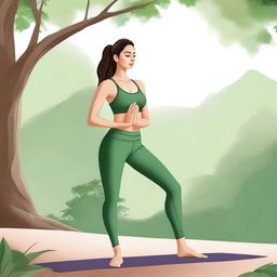 A detailed illustration of Kiara Advani wearing yoga pants, practicing yoga in a serene outdoor setting