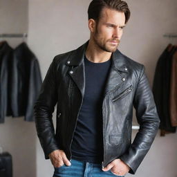 A man sporting a stylish biker leather jacket, fitting perfectly in a 950x500 frame