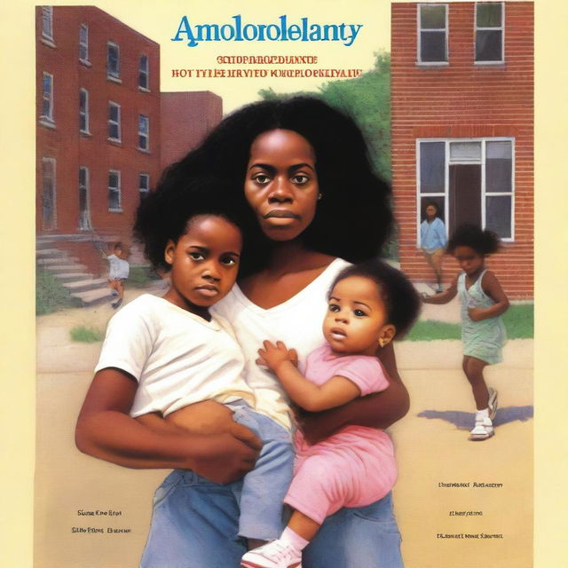 Create an autobiography book cover featuring an African American thin woman with a baby girl strapped to her chest