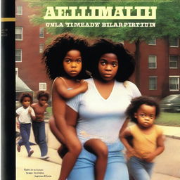 Create an autobiography book cover featuring an African American thin woman with a baby girl strapped to her chest