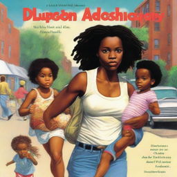 A book cover for an autobiography featuring an African American thin woman with a baby girl strapped to her chest and a diaper bag with items falling out