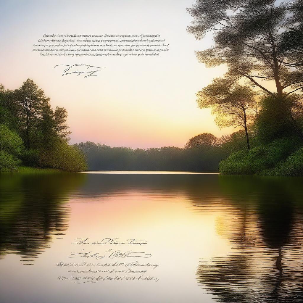 Create a serene image depicting a tranquil scene with a beautiful sunset over a calm lake, surrounded by lush trees