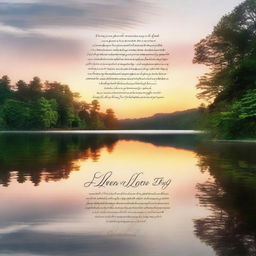 Create a serene image depicting a tranquil scene with a beautiful sunset over a calm lake, surrounded by lush trees