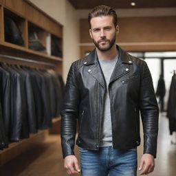 A man sporting a stylish biker leather jacket, fitting perfectly in a 950x500 frame