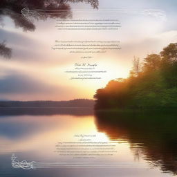 Create a serene image depicting a tranquil scene with a beautiful sunset over a calm lake, surrounded by lush trees