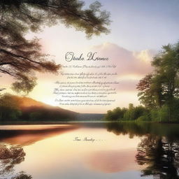 Create a serene image depicting a tranquil scene with a beautiful sunset over a calm lake, surrounded by lush trees