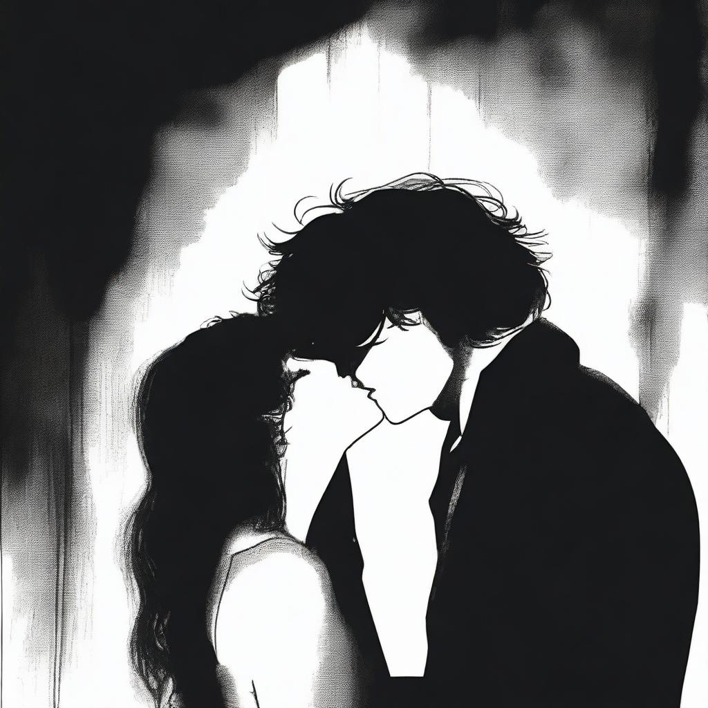 A mysterious and dark kiss scene between two characters, set against a shadowy and atmospheric background