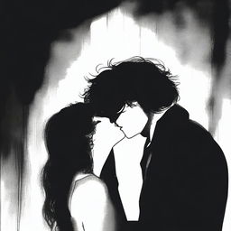 A mysterious and dark kiss scene between two characters, set against a shadowy and atmospheric background