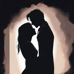 A mysterious and dark kiss scene between two characters, set against a shadowy and atmospheric background