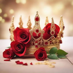 A detailed image of a golden crown adorned with intricate designs and jewels, placed next to a vibrant red rose with delicate petals