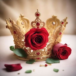 A detailed image of a golden crown adorned with intricate designs and jewels, placed next to a vibrant red rose with delicate petals