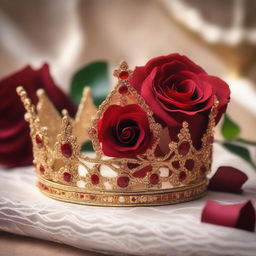 A detailed image of a golden crown adorned with intricate designs and jewels, placed next to a vibrant red rose with delicate petals