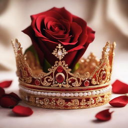 A detailed image of a golden crown adorned with intricate designs and jewels, placed next to a vibrant red rose with delicate petals