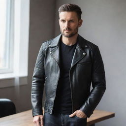 A man sporting a stylish biker leather jacket, fitting perfectly in a 950x500 frame