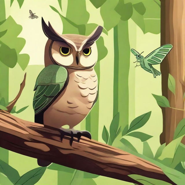 A detailed illustration of an owl and a grasshopper in a natural setting