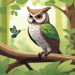 A detailed illustration of an owl and a grasshopper in a natural setting