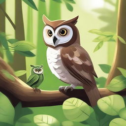 A detailed illustration of an owl and a grasshopper in a natural setting