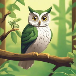 A detailed illustration of an owl and a grasshopper in a natural setting