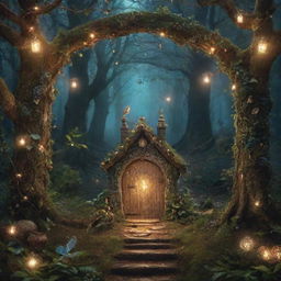 A visually enchanting storybook cover titled 'Whispers of the Enchanted Story' with magical elements like glowing fairy lights, intricate forest details and mystical creatures.