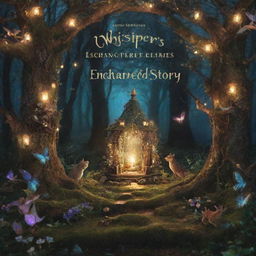 A visually enchanting storybook cover titled 'Whispers of the Enchanted Story' with magical elements like glowing fairy lights, intricate forest details and mystical creatures.