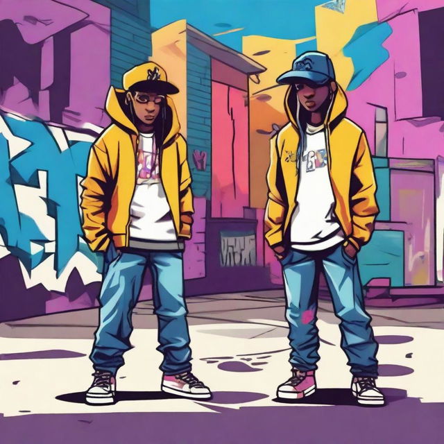 Two people dressed in rap style clothing in a cartoon